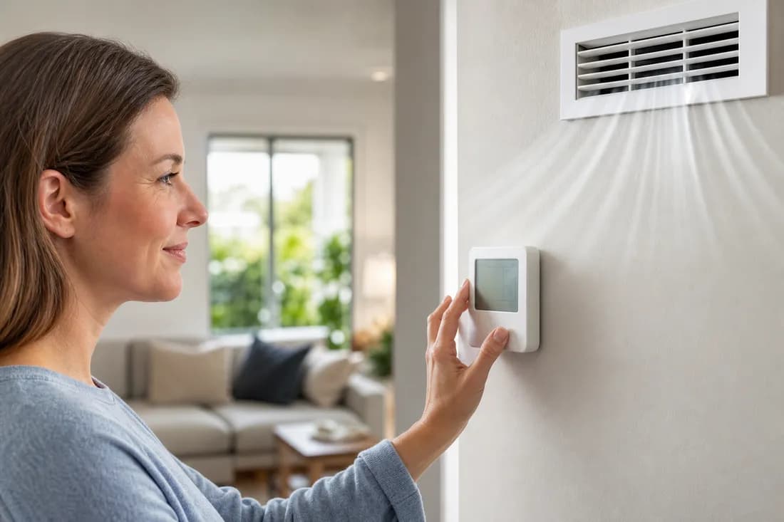Homeowner adjusting a thermostat near a cooling vent
